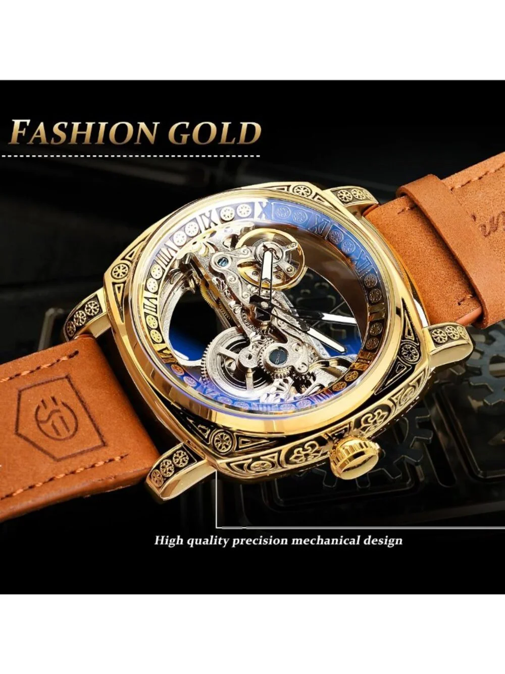 Luxury Mechanical Watch for Men, Retro Hollow Skeleton Design, Vintage Leather